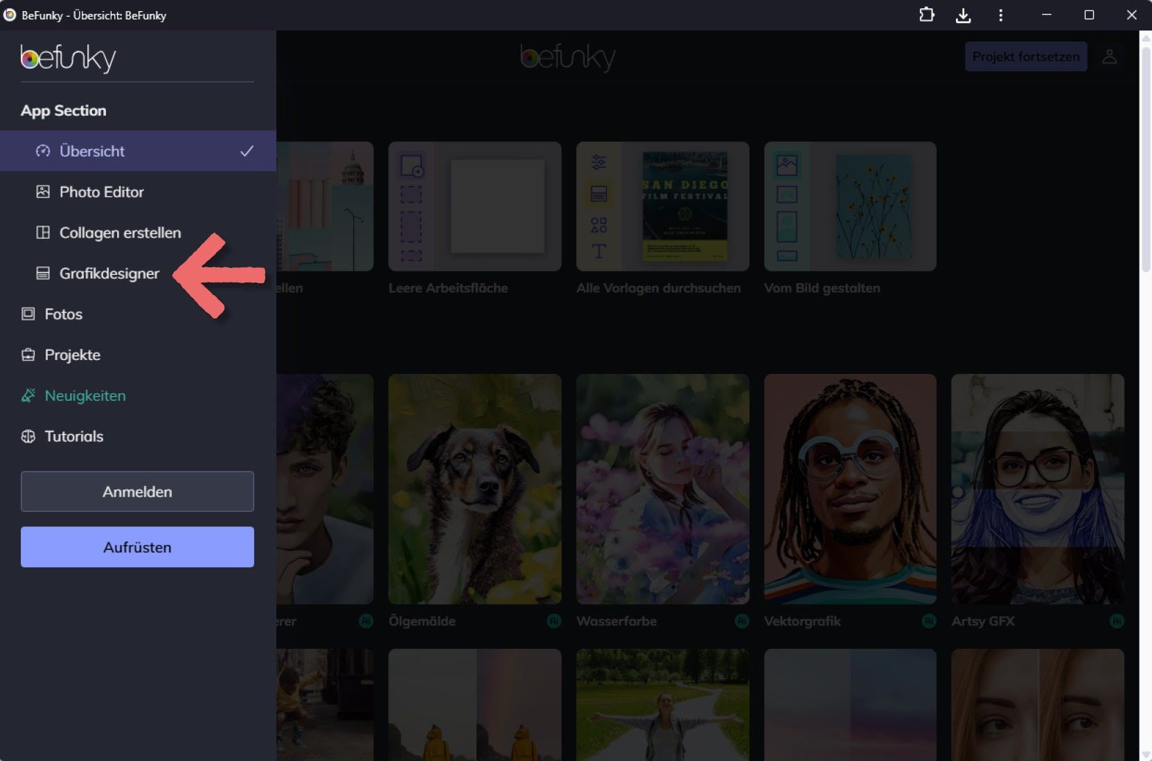Dashboard von BeFunky: im linken Seitenmenü Button "Grafikdesigner" durch Pfeil markiert