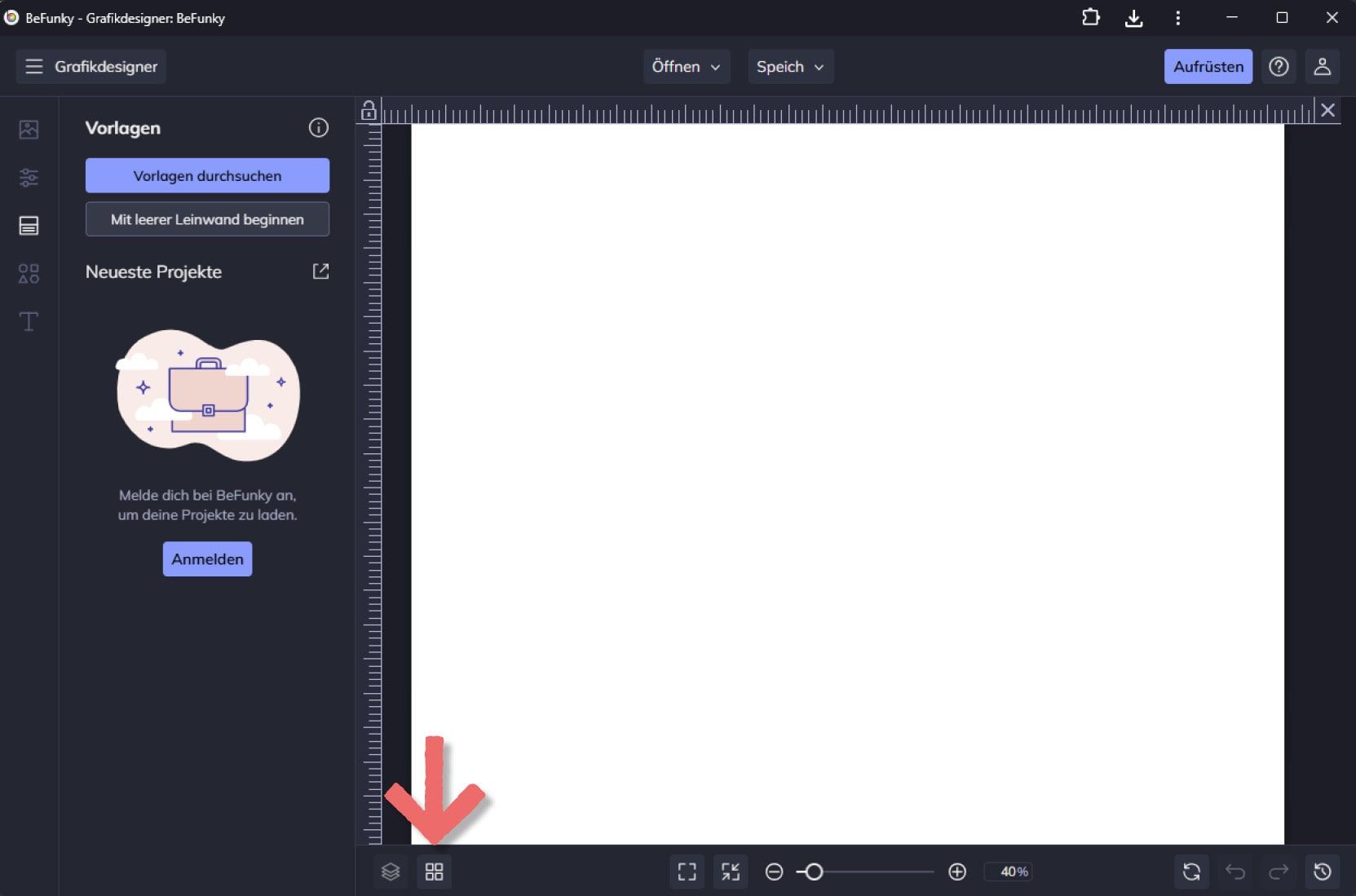 BeFunky, Ansicht Dokument: Button zum Erstellen der Hilfslinien durch Pfeil markiert