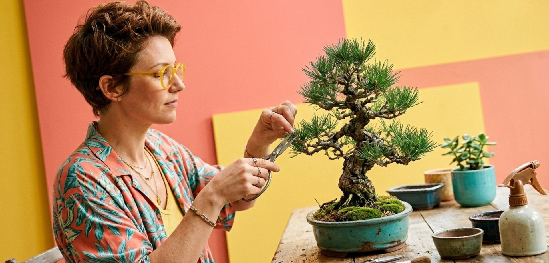 Eine junge Frau schneidet sorgfältig einen Bonsai zurecht.