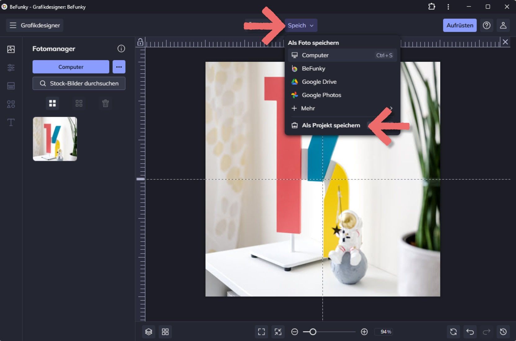 BeFunky, Ansicht Dokument: Button "Speichern" + Auswahl "Als Projekt speichern" im Kontextmenü durch Pfeil markiert