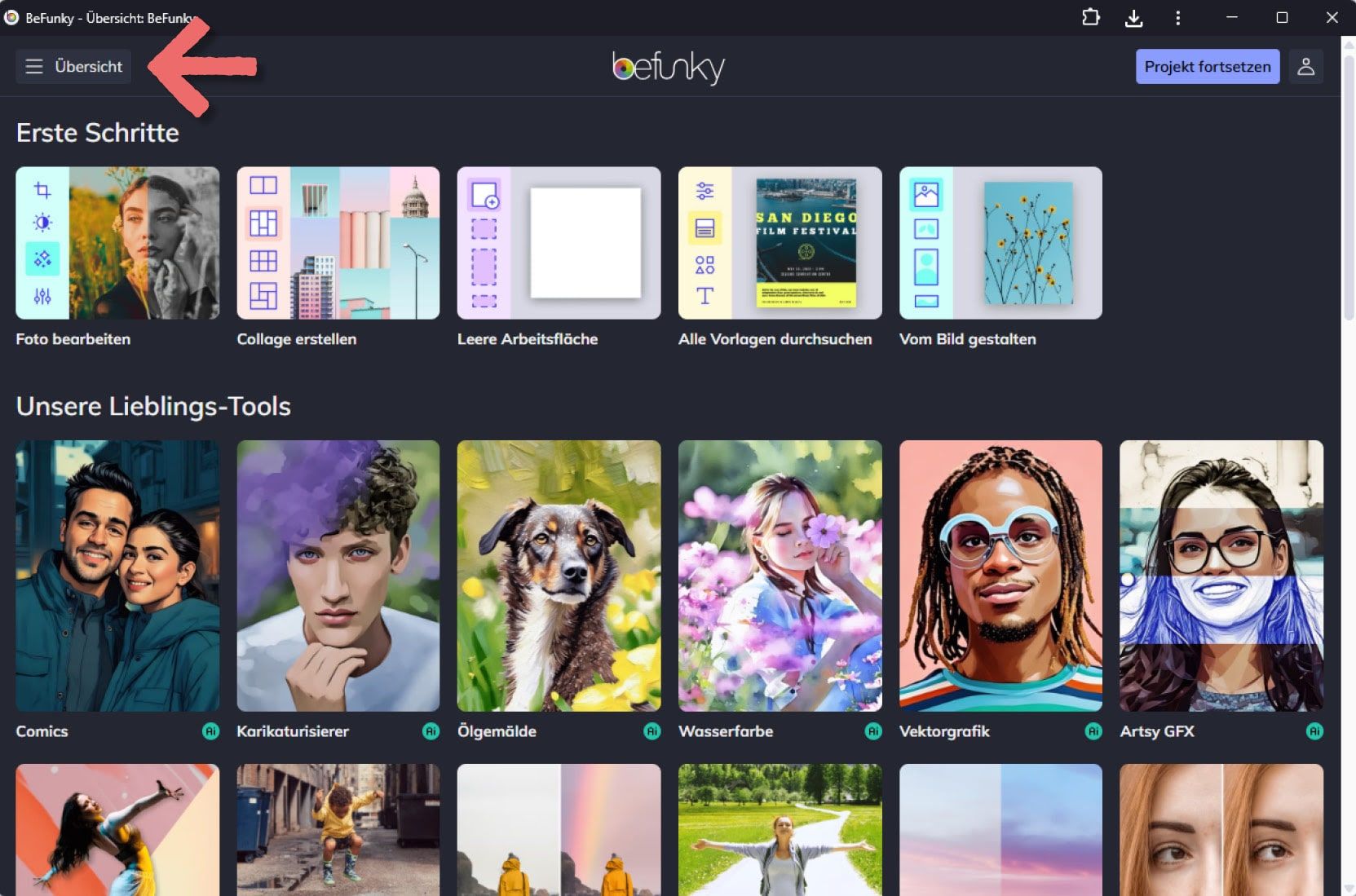 Dashboard von BeFunky: Im linken Seitenmenü Button  "Übersicht" durch Pfeil markiert