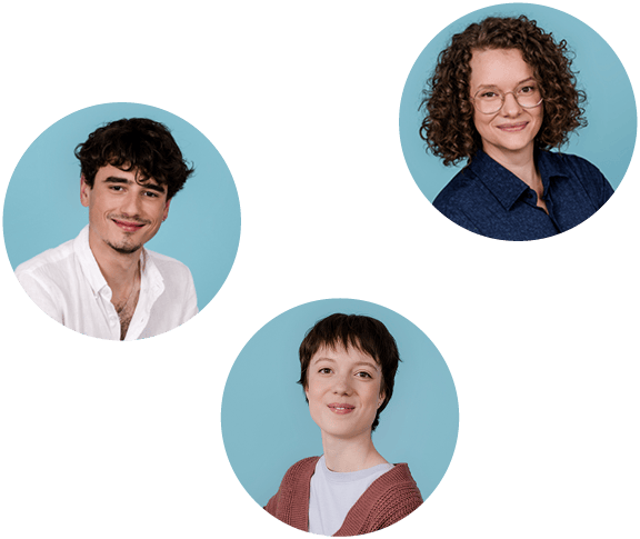 Portraits der Web-Developer:innen der Komplizinnen: Katharina Brozek, Felix Grohs und Ramona Petrovitsch