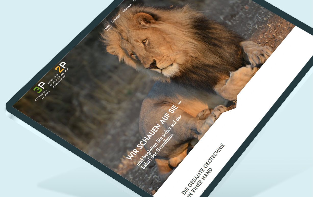 Screenshot der Website der Firma 3P Geotechnik, dargestellt auf einem Tablet