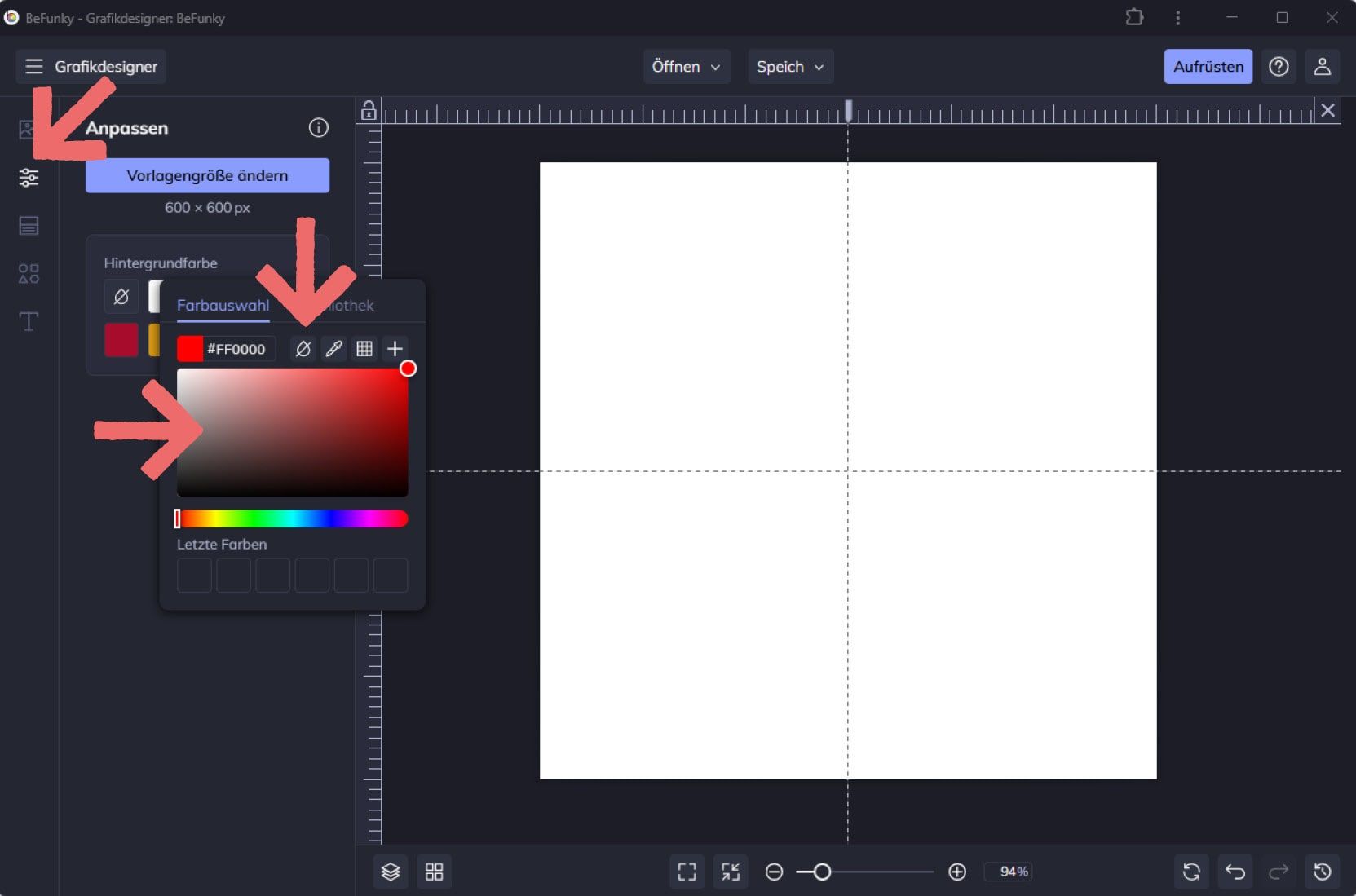 BeFunky, Ansicht Dokument: Iconmenü zur Farbauswahl Dashboard von BeFunky: im linken Seitenmenü Button "Grafikdesigner" durch Pfeil markiert
