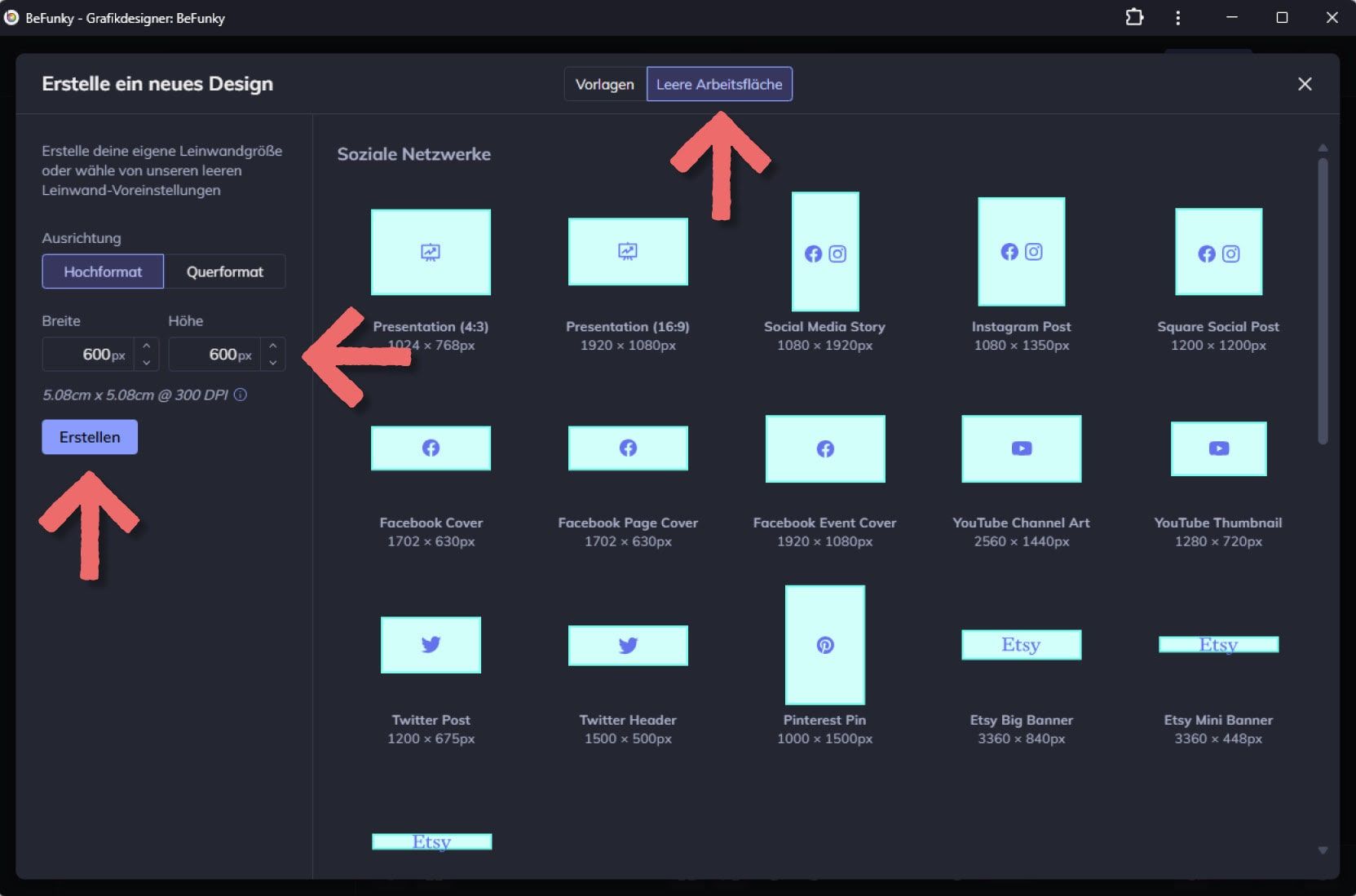 Dashboard von BeFunky: "Erstelle ein neues Design" - Formateingabe sowie Vorlage "Leere Arbeitsfläche" durch Pfeil markiert