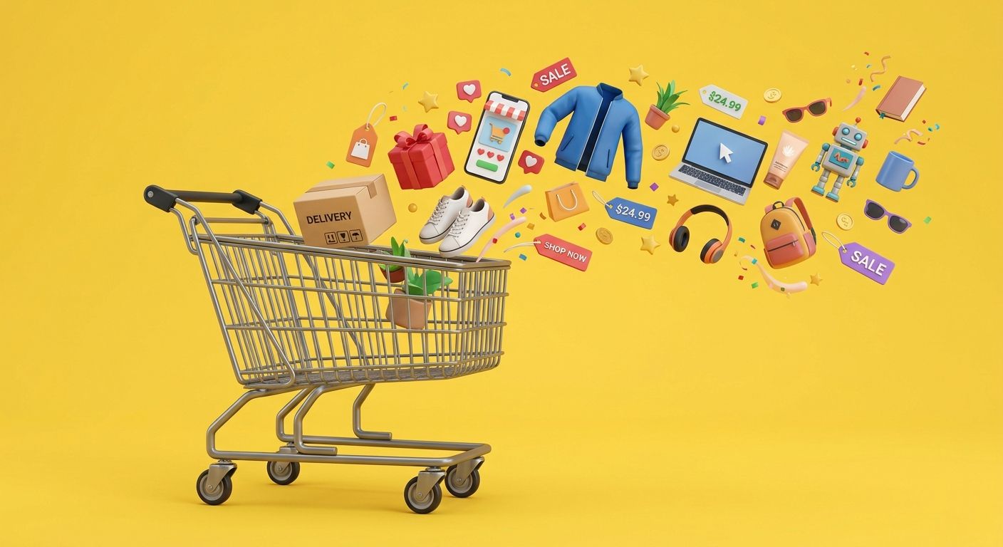 Einkaufswagen aus dem Produkte fliegen für die Symbolisierung von WooCommerce