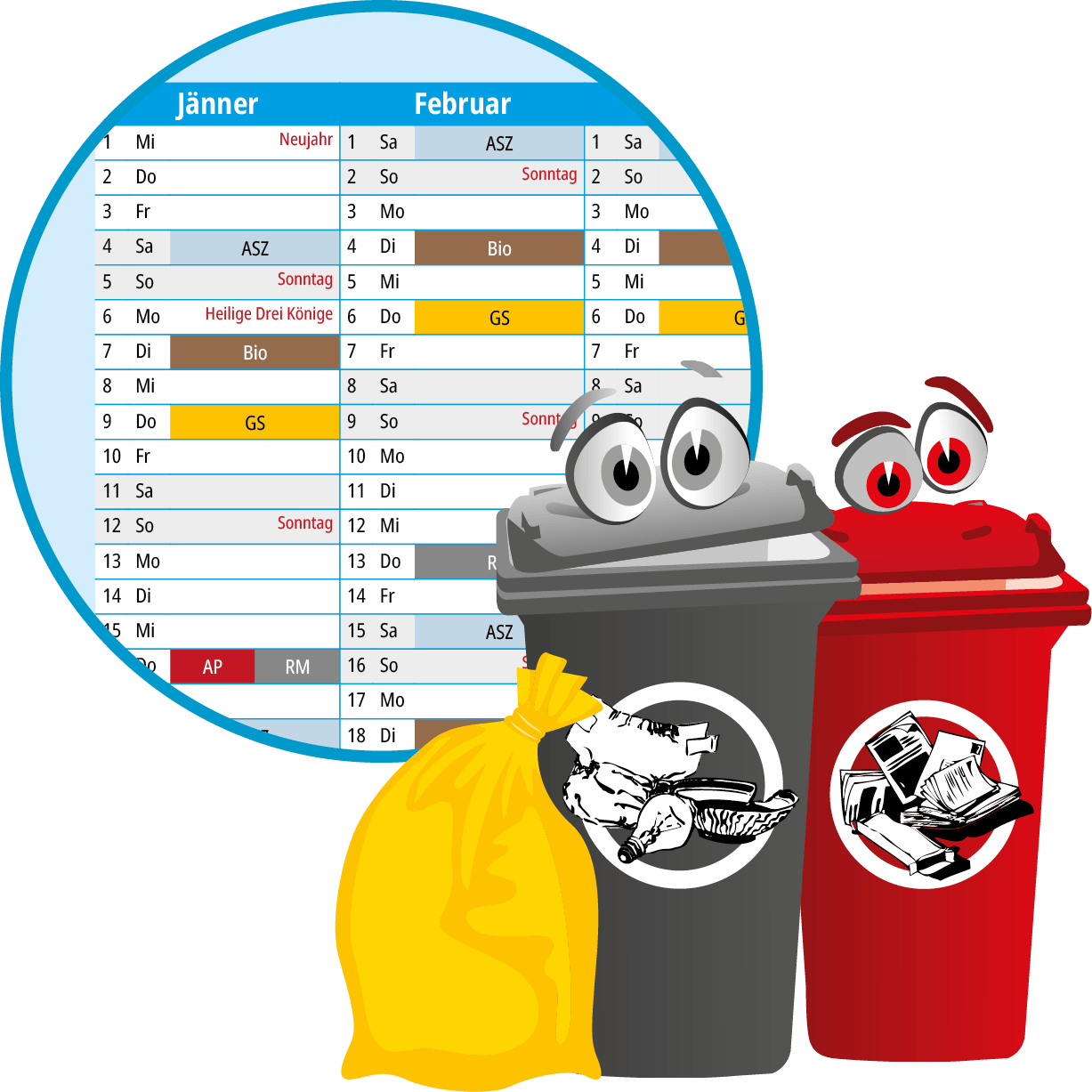 Ausschnitt eines Müllabfuhrkalenders, daneben Illutrationen von lachenden Abfalltonnen
