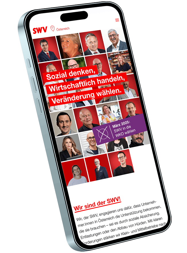 Screenhsot der Website wirtschaftskammerwahl2025.at, dargestellt auf einem Smartphone: Startgrid mit Bildern von Kandidat:innen und Unterstützer:innen
