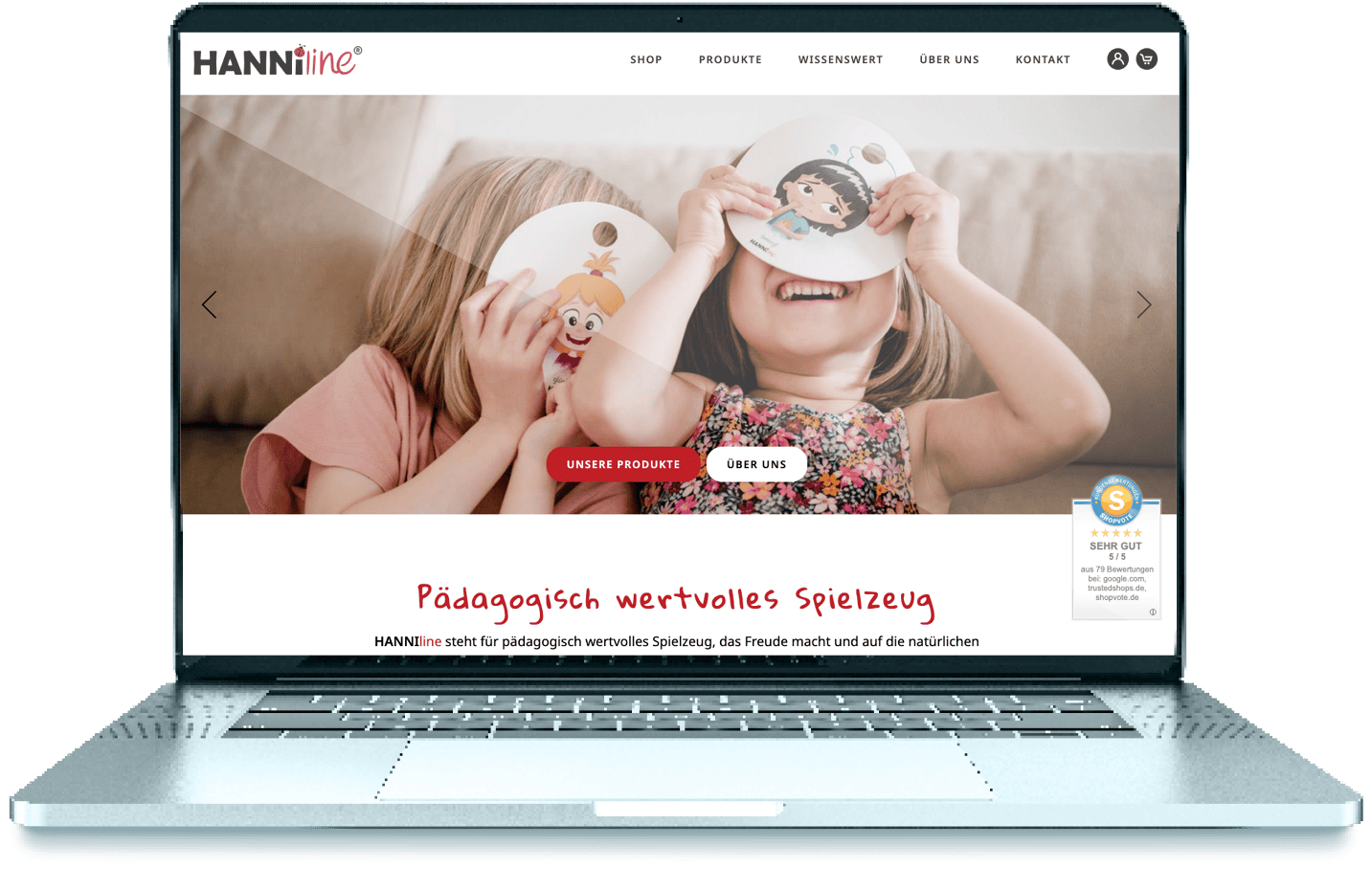 Screenshot der Website Hanniline, dargestellt auf einem Notebook: Startseite mit Bilderslider