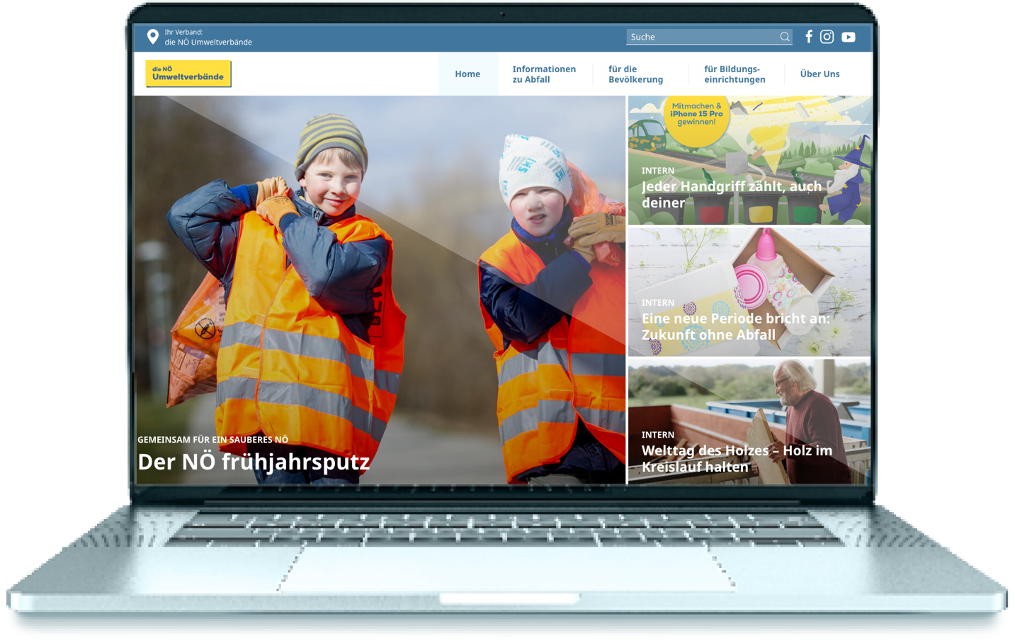 Screenshot der Website die NÖ Umweltverbände, dargestellt auf einem Notebook: Startseite mit Bloggrid