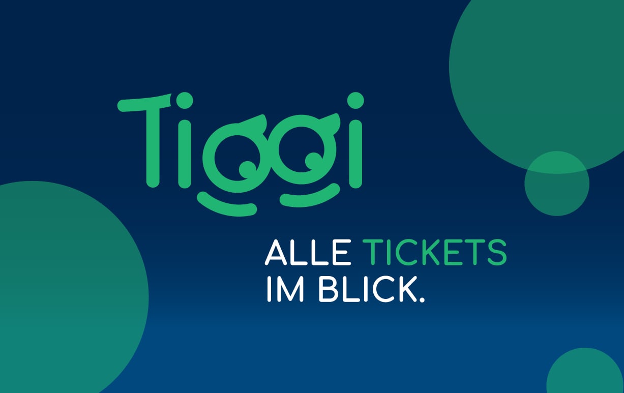 Logodesign: Tiggi - alle Tickets im Blick, auf blauem Hintergrund